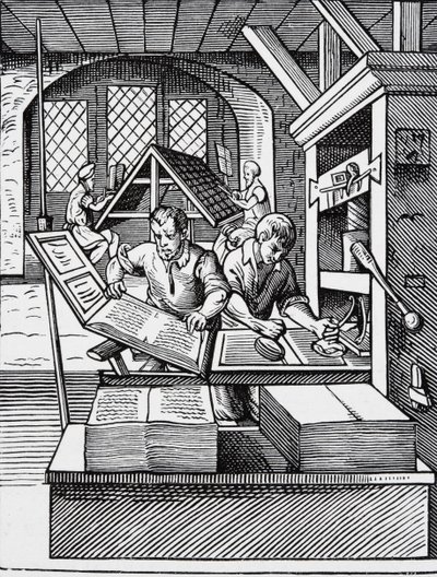 Interiør i et trykkeri fra 1500-tallet, etter en gravering av Jost Amman (1539-91) av English School